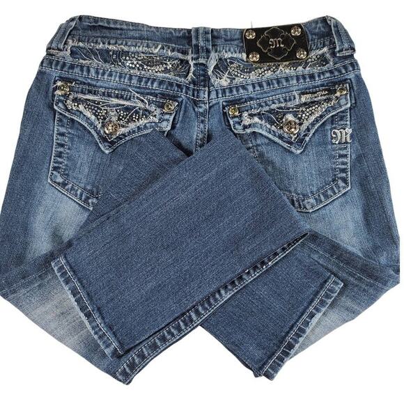 Miss Me Blue Denim Bling Jeans Distressed Flap Pocket Skinny Low Rise 27 - Picture 3 of 4